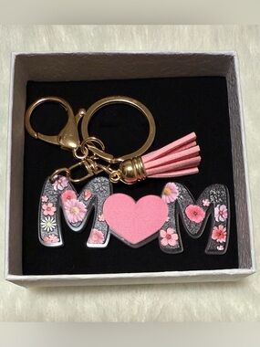 Pink Floral 'MOM' Keychain with Tassel